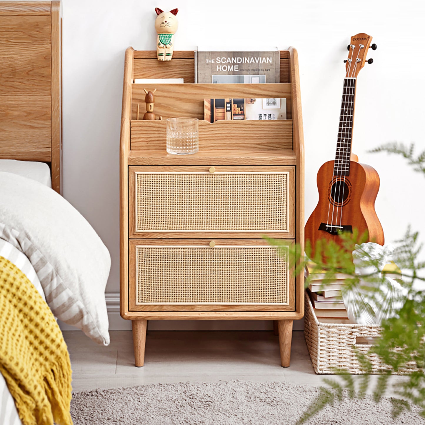 100% Solid Oak Wood Bedside Table Rattan Nightstand (Natural)