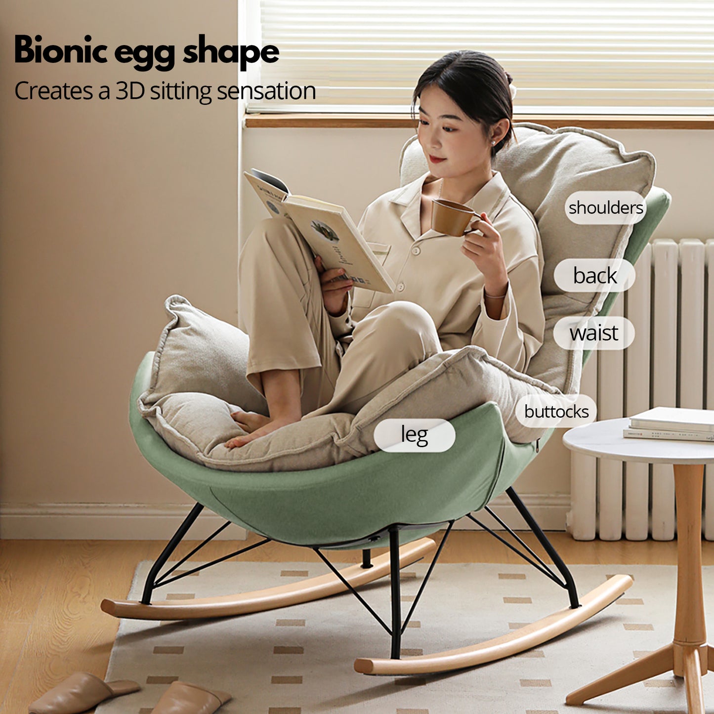Genji Wood Fabric Eggshell Chair - Single Recliner Lounge Chair, Rocking Chair for Adults, Lazy Sofa for Balcony & Home Use