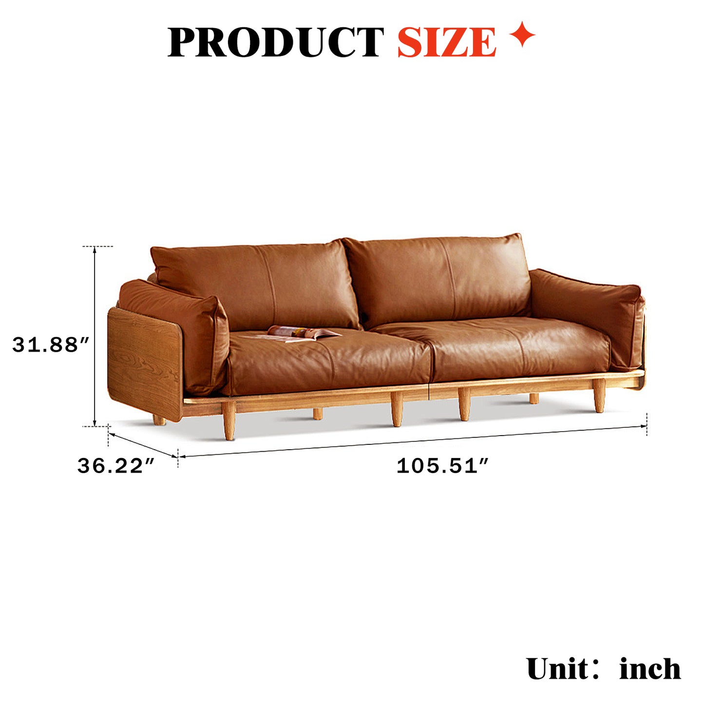 Solid Wood Cherry Sofa – Modern Minimalist Nordic Linear Sofa, Genuine Leather Couch for Small Living Rooms
