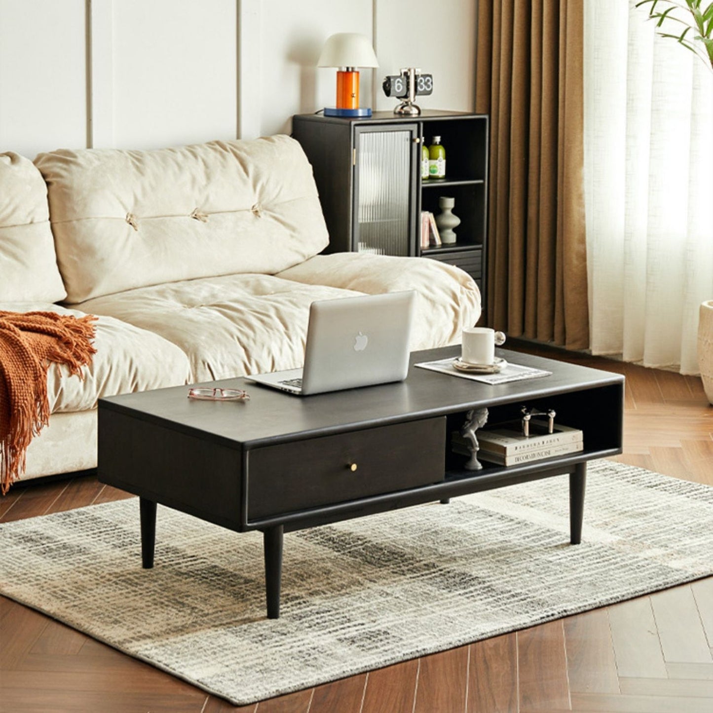100% Solid Rubber Wood Modern Classic Solid Wood Coffee Table with Open Storage Shelf (Walnut)