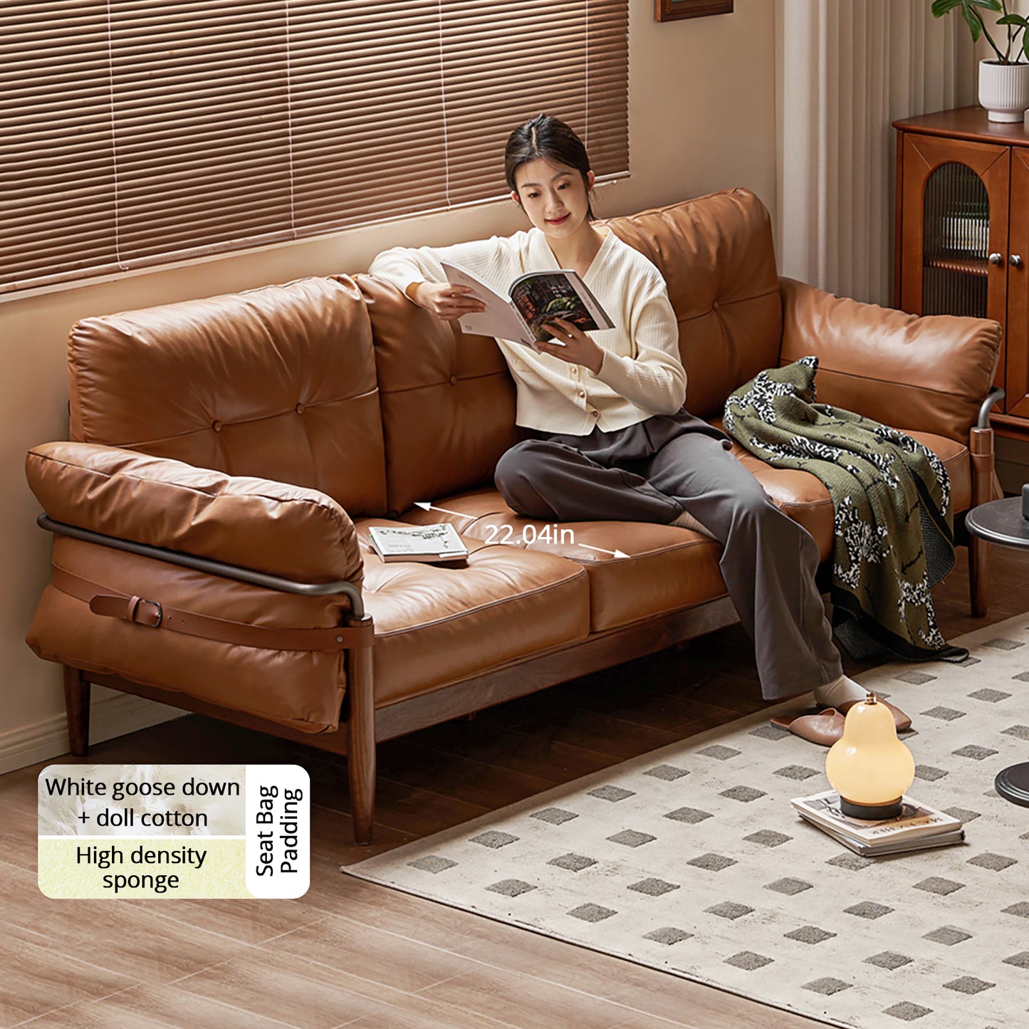 Walnut Solid Wood Sofa - Modern Retro Design with Genuine Leather & Down Cushion