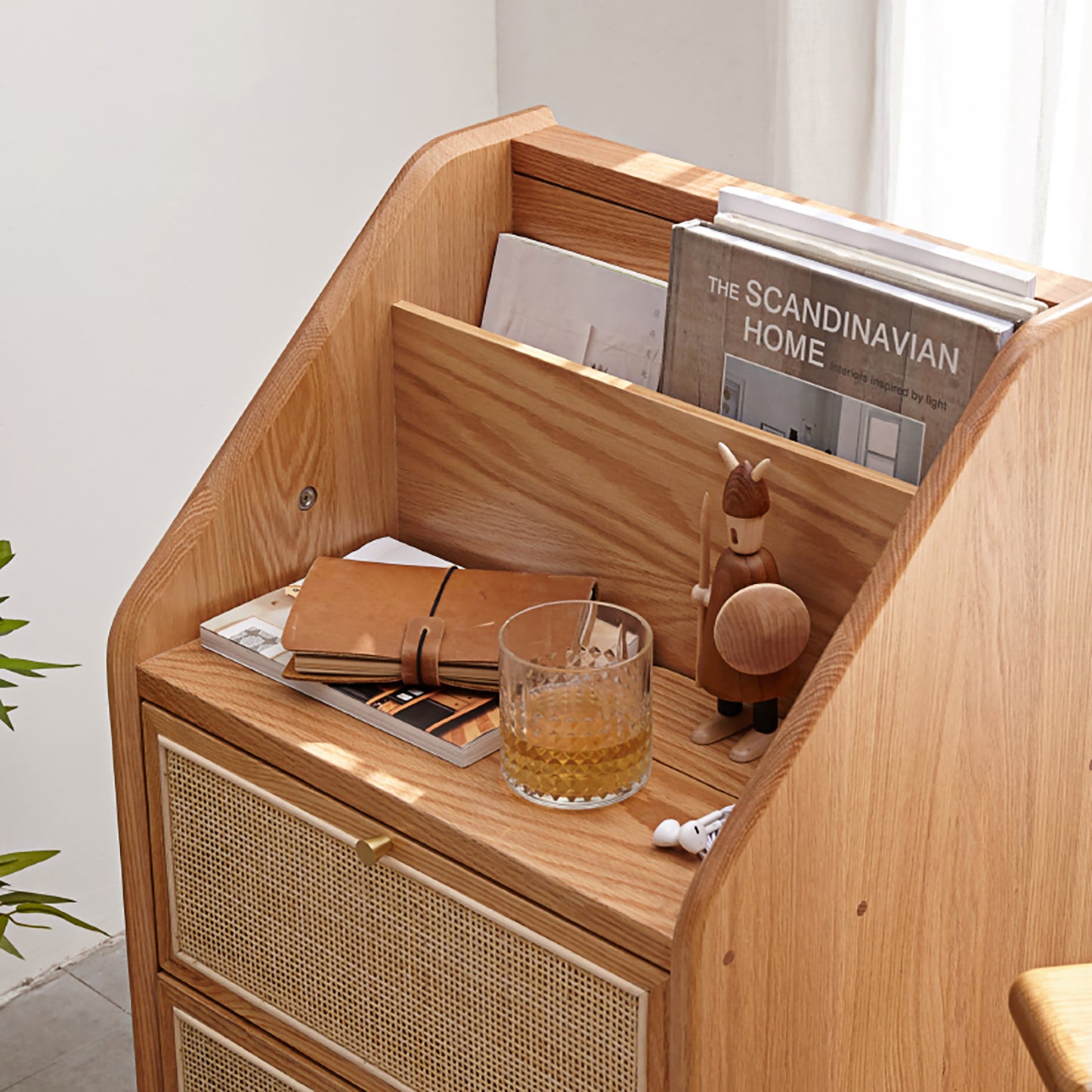 100% Solid Oak Wood Bedside Table Rattan Nightstand (Natural)