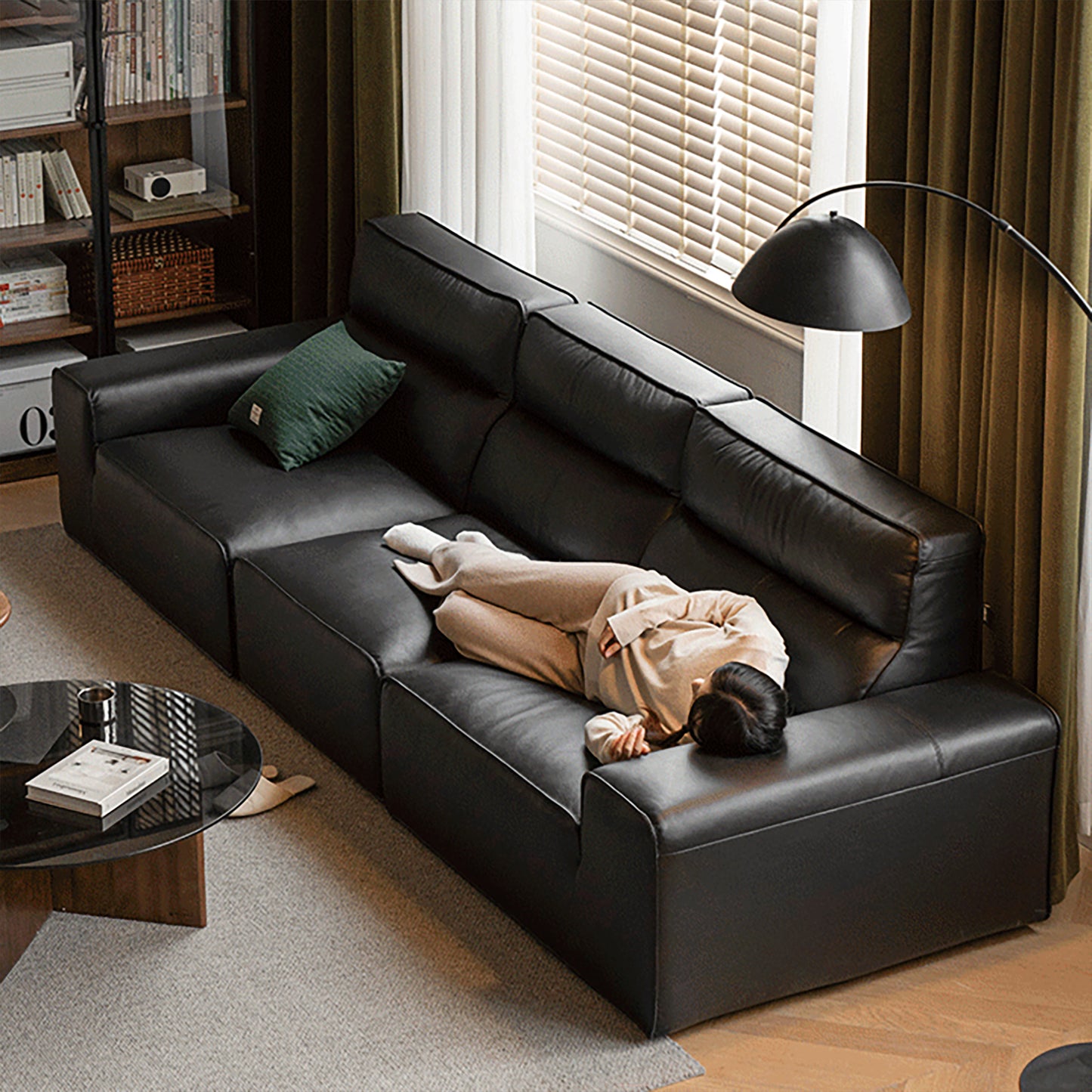 Genuine Leather Sofa – Italian Minimalist High-Back Top-Grain Black Leather Sofa