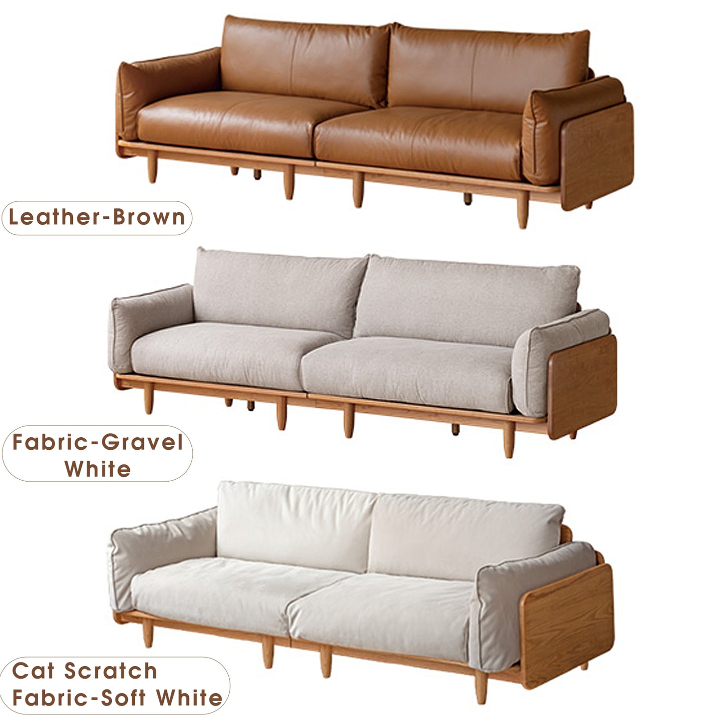 Solid Wood Cherry Sofa – Modern Minimalist Nordic Linear Sofa, Genuine Leather Couch for Small Living Rooms