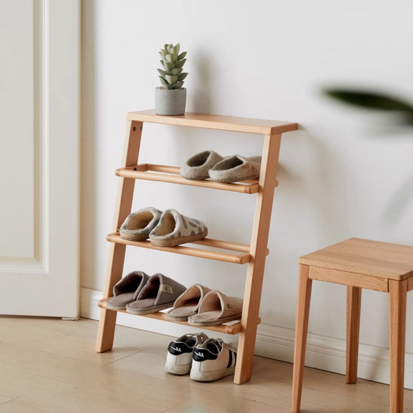 100% Solid Wood Ladder Shape Shoe Rack (Natural)