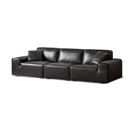 Big Black Leather Sofa, Genuine Top-Grain Cowhide, Feather Cushioning, for Small Living Rooms, with Extra Large Seat, Easy for Tall Users to Sit Up